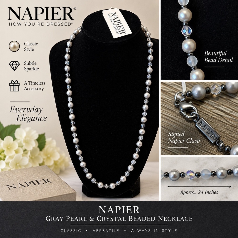 Napier Gray Faux Pearl Crystal Beaded Necklace Silver Tone 24" New With Tag
